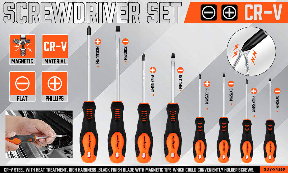 A set of eight screwdrivers with black and orange handles. The high-quality chrome vanadium aço HORUSDY 8Pc Magnetic Screwdriver Set Non-slip Handle Phillips Slotted Tool New includes both flathead and Phillips head screwdrivers of varying lengths and sizes. The handles have ergonomic grips for comfortable use. All the magnetic screwdrivers are arranged in a neat row.