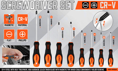 A set of eight screwdrivers with black and orange handles. The high-quality chrome vanadium aço HORUSDY 8Pc Magnetic Screwdriver Set Non-slip Handle Phillips Slotted Tool New includes both flathead and Phillips head screwdrivers of varying lengths and sizes. The handles have ergonomic grips for comfortable use. All the magnetic screwdrivers are arranged in a neat row.