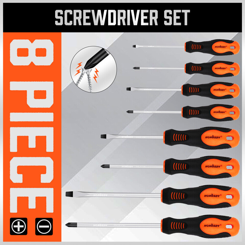 A set of eight screwdrivers with black and orange handles. The high-quality chrome vanadium aço HORUSDY 8Pc Magnetic Screwdriver Set Non-slip Handle Phillips Slotted Tool New includes both flathead and Phillips head screwdrivers of varying lengths and sizes. The handles have ergonomic grips for comfortable use. All the magnetic screwdrivers are arranged in a neat row.