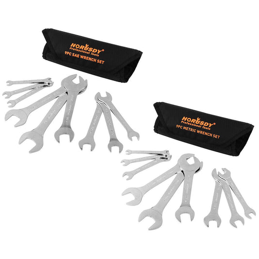 Two sets of HORUSDY Super Thin 18Pc Wrench Set Open End Spanner 3mm CRV Metric & SAE w Pouch are displayed: one set of SAE and one set of metric wrenches, crafted from chrome vanadium steel. Each combination wrench set includes different sizes, all arranged in front of black, branded tool pouches with a mirror polish finish.