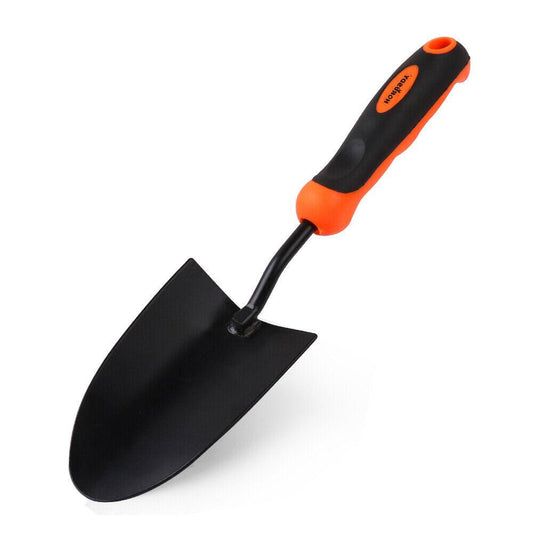 A high quality HORUSDY 13'' Garden Trowel Hand Shovel Spade Farmland Transplant Digging Tool with an orange and black ergonomic handle. This garden trowel features a pointed, slightly curved blade made of durable metal, perfect for digging and planting. The handle includes a small hole at the end for easy hanging.