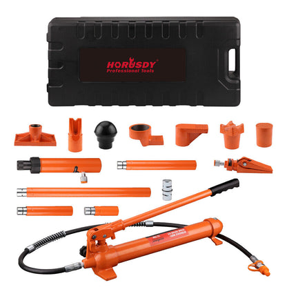 A 12T Porta Power Kit Hydraulic Ram Pump Oil Hose Automotive Body Repair Tool, featuring a 12-ton hydraulic pump and a variety of extensions, adapters, and a black carrying case with "HORUSDY Professional Tools" written on it. The tools are neatly arranged in front of the case on a white background.