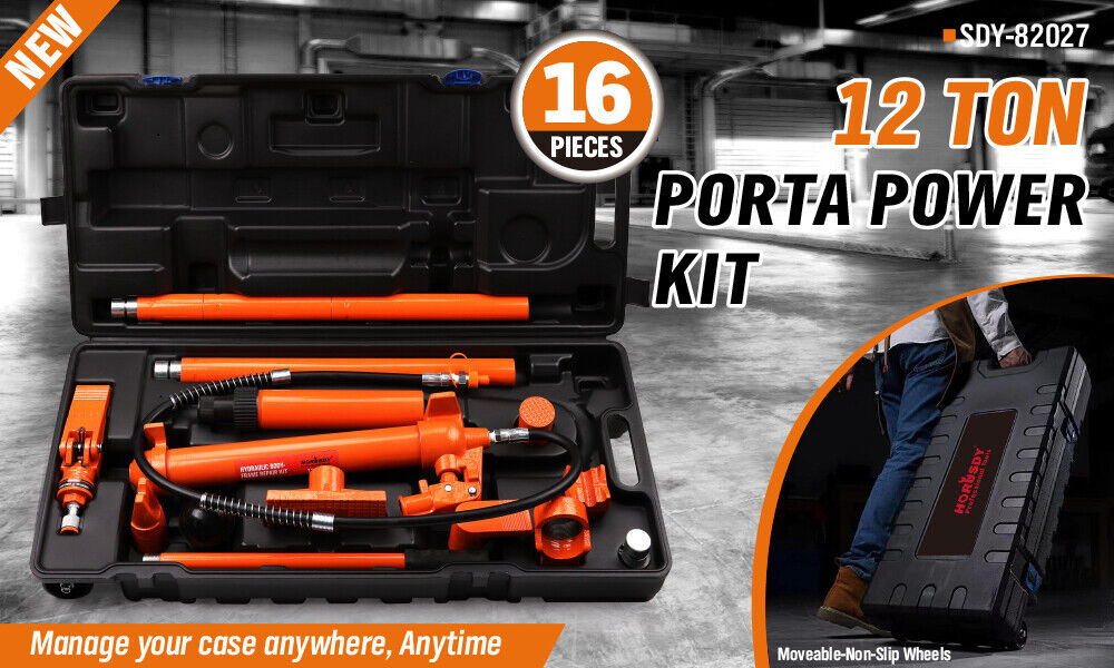 A 12T Porta Power Kit Hydraulic Ram Pump Oil Hose Automotive Body Repair Tool, featuring a 12-ton hydraulic pump and a variety of extensions, adapters, and a black carrying case with "HORUSDY Professional Tools" written on it. The tools are neatly arranged in front of the case on a white background.