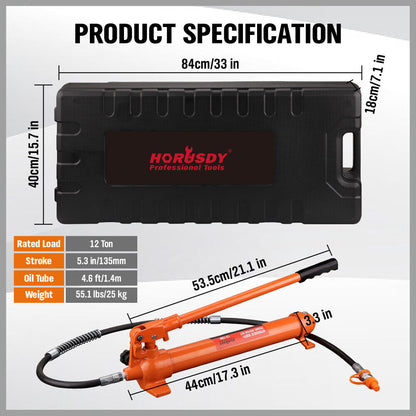 A 12T Porta Power Kit Hydraulic Ram Pump Oil Hose Automotive Body Repair Tool, featuring a 12-ton hydraulic pump and a variety of extensions, adapters, and a black carrying case with "HORUSDY Professional Tools" written on it. The tools are neatly arranged in front of the case on a white background.