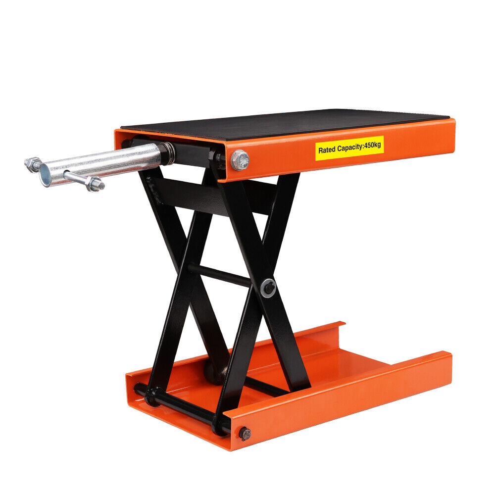 An orange and black 205KG Motorcycle Motorbike Lift Jack Motorcycle Stand Hoist Repair Work Bench, ideal for motorcycle maintenance. It has a rectangular platform on top, supported by interlocking, scissor-like structures. A label on the side indicates a rated capacity of 450 kg. The motorcycle lift jack also features metal rods extending from the sides.