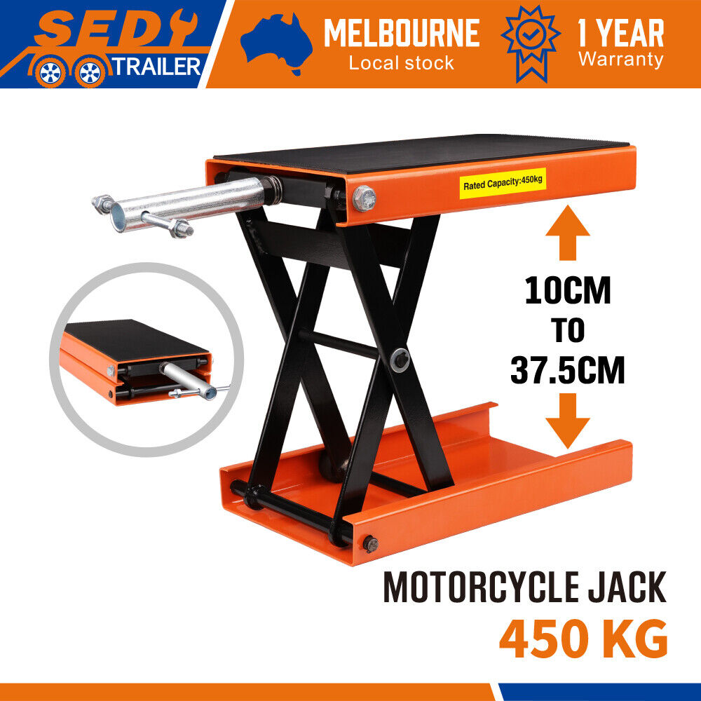 An orange and black 205KG Motorcycle Motorbike Lift Jack Motorcycle Stand Hoist Repair Work Bench, ideal for motorcycle maintenance. It has a rectangular platform on top, supported by interlocking, scissor-like structures. A label on the side indicates a rated capacity of 450 kg. The motorcycle lift jack also features metal rods extending from the sides.