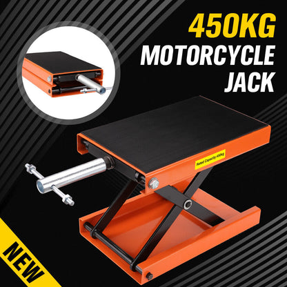 An orange and black 205KG Motorcycle Motorbike Lift Jack Motorcycle Stand Hoist Repair Work Bench, ideal for motorcycle maintenance. It has a rectangular platform on top, supported by interlocking, scissor-like structures. A label on the side indicates a rated capacity of 450 kg. The motorcycle lift jack also features metal rods extending from the sides.