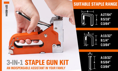 An orange and silver HORUSDY 3in1 Staple Gun Heavy Duty Stapler Fastener Tool Tacker free Staples, featuring a durable steel body and ergonomic grip, is surrounded by three stacks of different types of staples. The staple types are illustrated on the side of the tool. The handle is in the upright position, and a tension adjustment knob is visible on top.