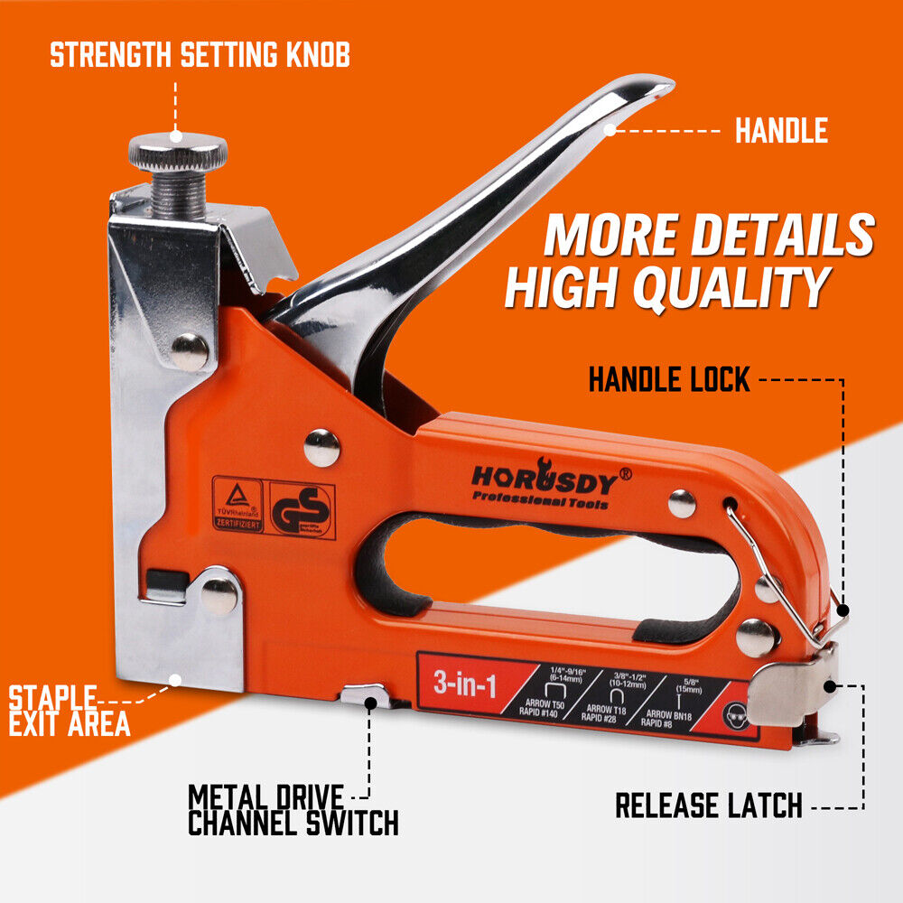 An orange and silver HORUSDY 3in1 Staple Gun Heavy Duty Stapler Fastener Tool Tacker free Staples, featuring a durable steel body and ergonomic grip, is surrounded by three stacks of different types of staples. The staple types are illustrated on the side of the tool. The handle is in the upright position, and a tension adjustment knob is visible on top.