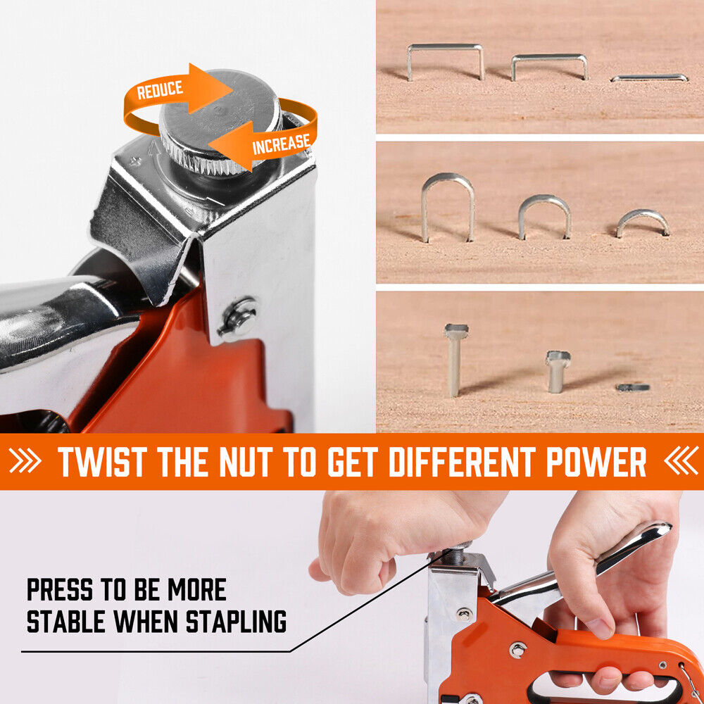 An orange and silver HORUSDY 3in1 Staple Gun Heavy Duty Stapler Fastener Tool Tacker free Staples, featuring a durable steel body and ergonomic grip, is surrounded by three stacks of different types of staples. The staple types are illustrated on the side of the tool. The handle is in the upright position, and a tension adjustment knob is visible on top.