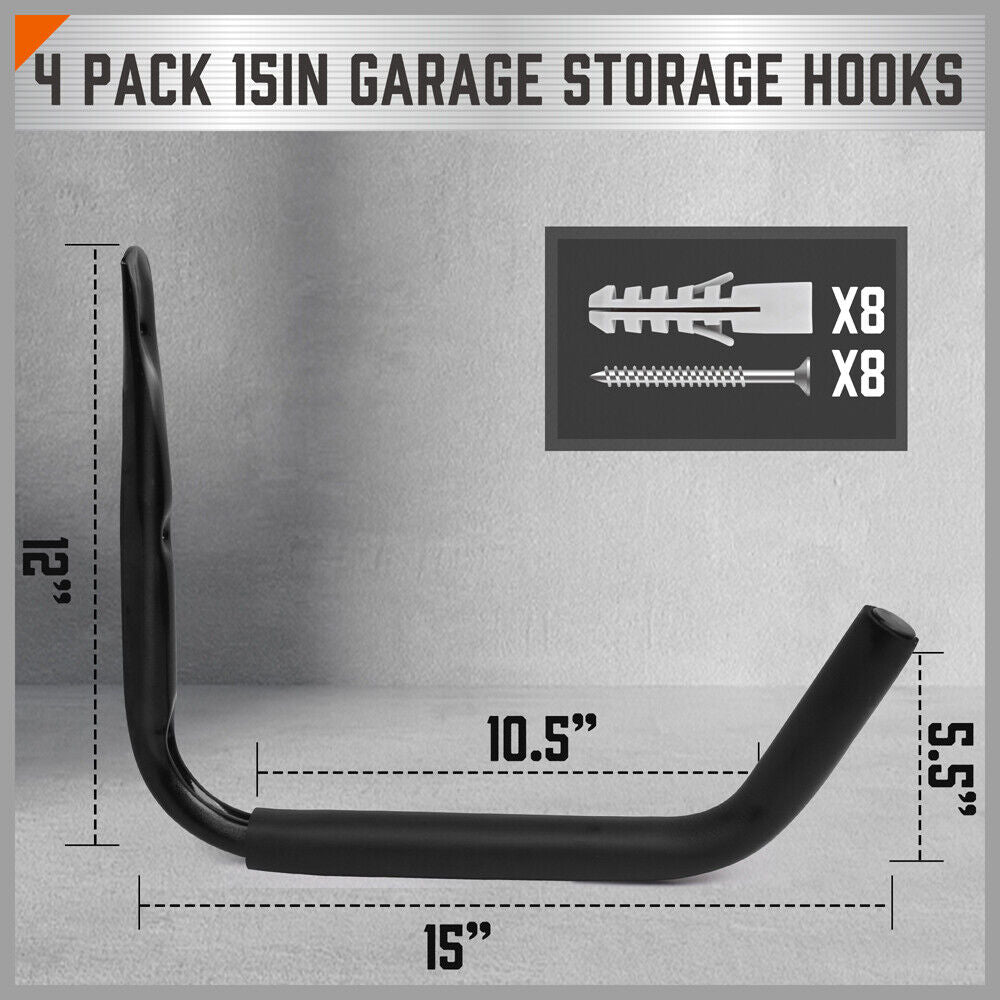 A set of four black wall-mounted storage hooks with foam padded grips, designed for organizing items like bicycles or tools. The HORUSDY Large 4Pc Wall Mount Hook Set Heavy Duty Garage Kayak Holder Bike Rack includes screws and wall anchors for installation. The hooks are arranged side by side in the image, with installation hardware displayed above them.