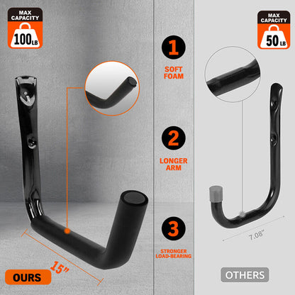 A set of four black wall-mounted storage hooks with foam padded grips, designed for organizing items like bicycles or tools. The HORUSDY Large 4Pc Wall Mount Hook Set Heavy Duty Garage Kayak Holder Bike Rack includes screws and wall anchors for installation. The hooks are arranged side by side in the image, with installation hardware displayed above them.