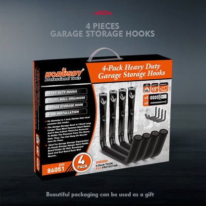 A set of four black wall-mounted storage hooks with foam padded grips, designed for organizing items like bicycles or tools. The HORUSDY Large 4Pc Wall Mount Hook Set Heavy Duty Garage Kayak Holder Bike Rack includes screws and wall anchors for installation. The hooks are arranged side by side in the image, with installation hardware displayed above them.