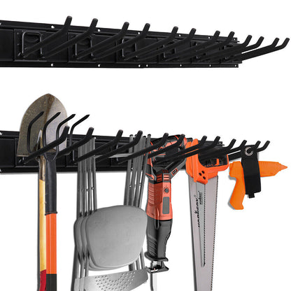 A set of four black wall-mounted storage hooks with foam padded grips, designed for organizing items like bicycles or tools. The HORUSDY Large 4Pc Wall Mount Hook Set Heavy Duty Garage Kayak Holder Bike Rack includes screws and wall anchors for installation. The hooks are arranged side by side in the image, with installation hardware displayed above them.