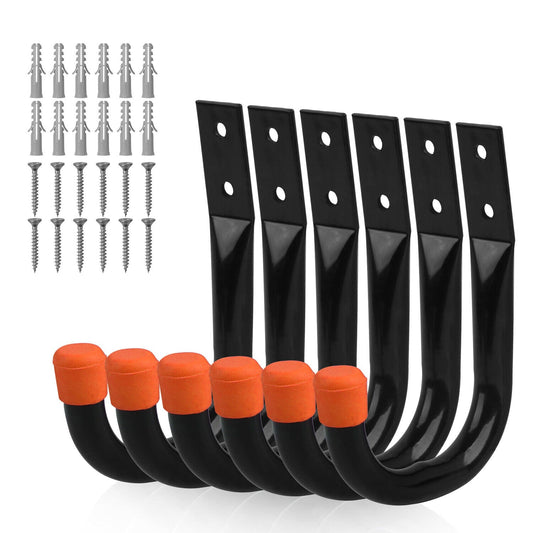 A HORUSDY 6Pc Wall Mount Garage Hooks Set Heavy Duty Steel Storage Rack Hanger, with red rubber caps and accompanying mounting hardware, including screws and wall plugs, are arranged neatly. These rust-resistant garage storage hooks each have two mounting holes and are designed for hanging tools or other equipment.