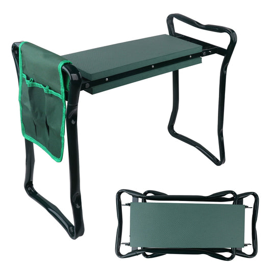 A HORUSDY Garden Kneeler Bench Foldable Stool Knee Soft Pad Seat with Tool Pouch, perfect as a gardening assistant. The stool boasts a foldable design with a sturdy metal frame. The image showcases the stool in both its standing position and its folded state, making it ideal for easy storage and use.