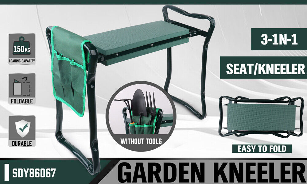 A HORUSDY Garden Kneeler Bench Foldable Stool Knee Soft Pad Seat with Tool Pouch, perfect as a gardening assistant. The stool boasts a foldable design with a sturdy metal frame. The image showcases the stool in both its standing position and its folded state, making it ideal for easy storage and use.