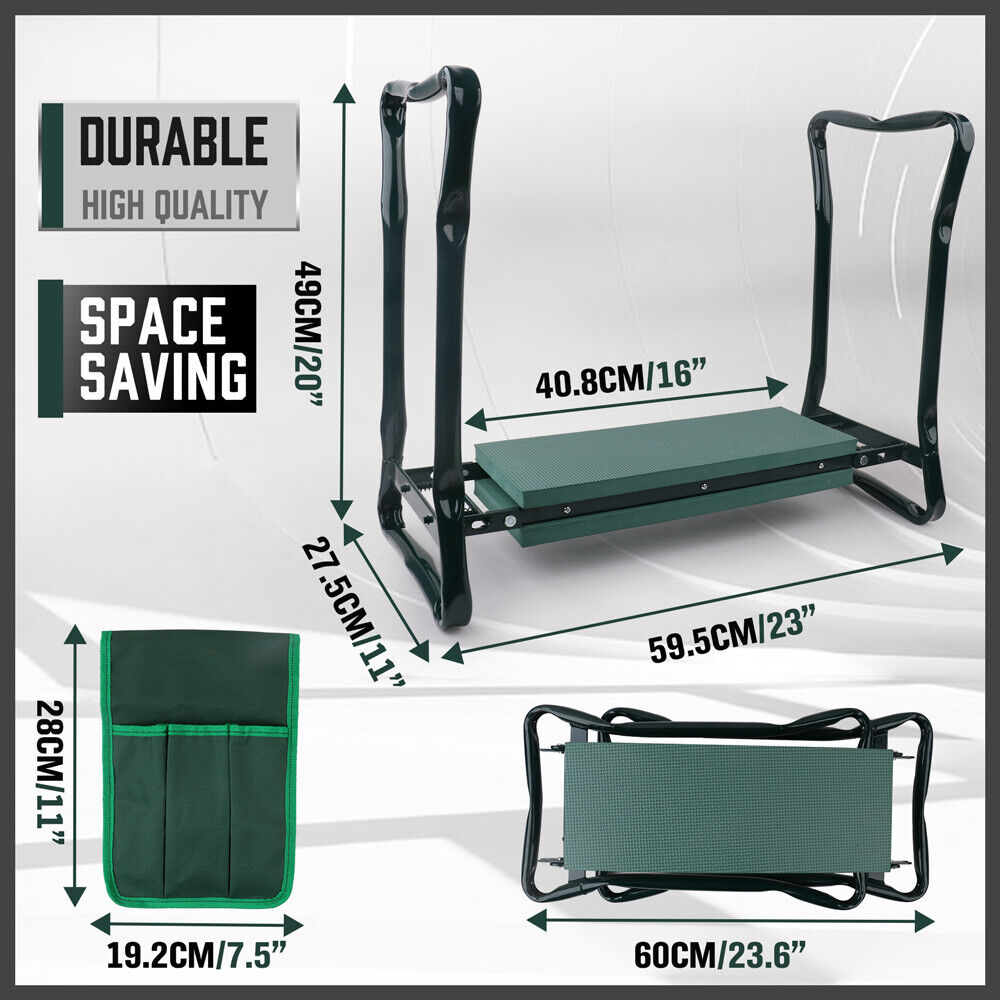 A HORUSDY Garden Kneeler Bench Foldable Stool Knee Soft Pad Seat with Tool Pouch, perfect as a gardening assistant. The stool boasts a foldable design with a sturdy metal frame. The image showcases the stool in both its standing position and its folded state, making it ideal for easy storage and use.