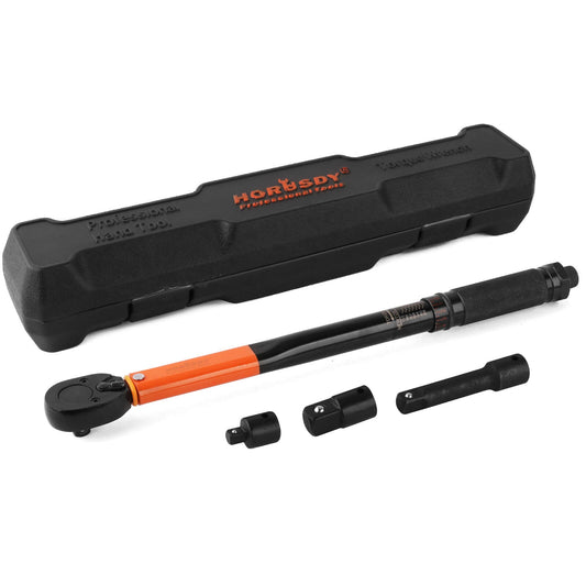 A HORUSDY 4Pc 3/8" Drive Click Torque Wrench Ratchet Socket with Adaptor Extension featuring a black and orange torque wrench with an Electro-Black Finish, three Chrome Vanadium socket attachments, and a black plastic storage case with the brand name "HORUSDY" visible on top. The set is displayed against a white background.