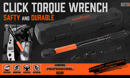 A HORUSDY 4Pc 3/8" Drive Click Torque Wrench Ratchet Socket with Adaptor Extension featuring a black and orange torque wrench with an Electro-Black Finish, three Chrome Vanadium socket attachments, and a black plastic storage case with the brand name "HORUSDY" visible on top. The set is displayed against a white background.