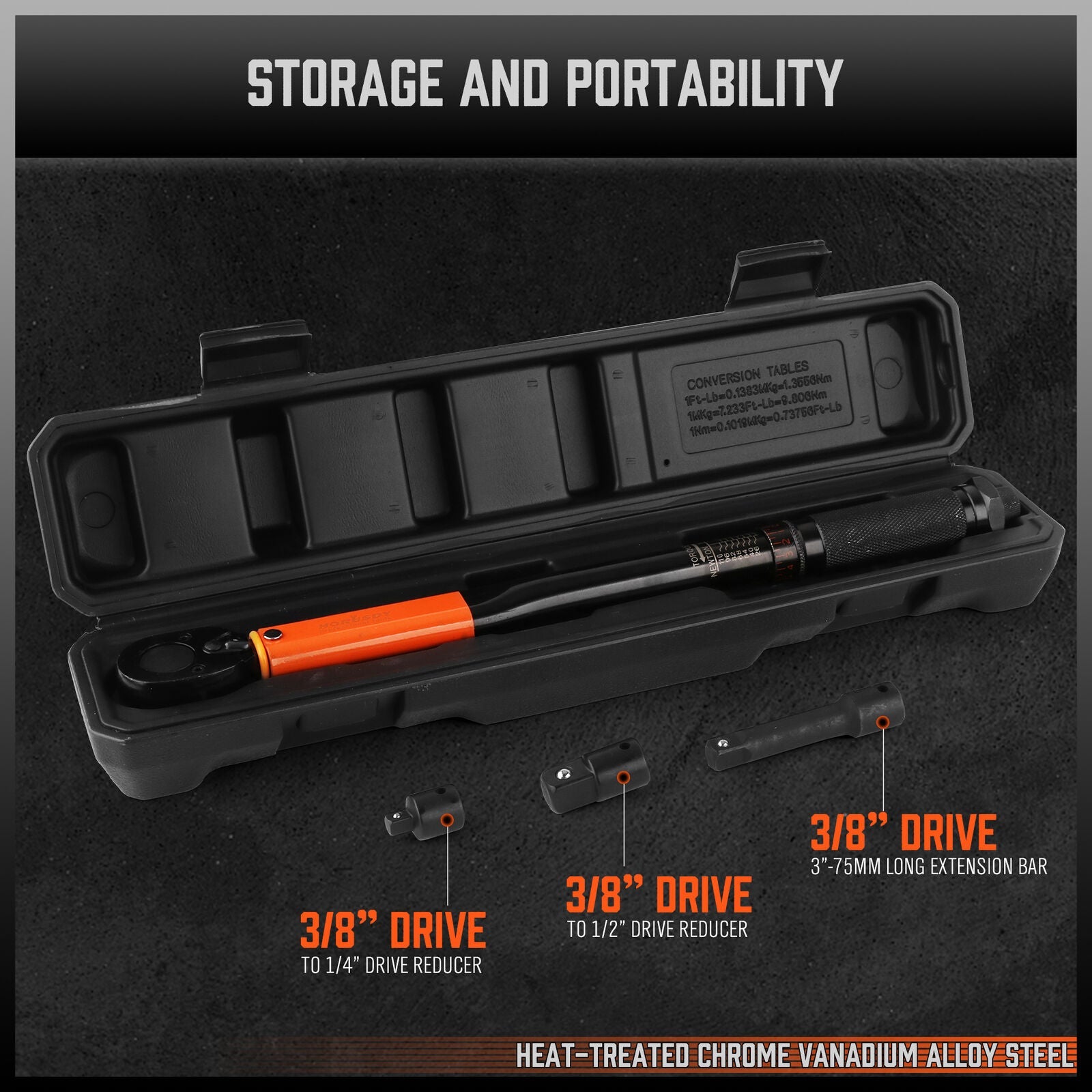 A HORUSDY 4Pc 3/8" Drive Click Torque Wrench Ratchet Socket with Adaptor Extension featuring a black and orange torque wrench with an Electro-Black Finish, three Chrome Vanadium socket attachments, and a black plastic storage case with the brand name "HORUSDY" visible on top. The set is displayed against a white background.