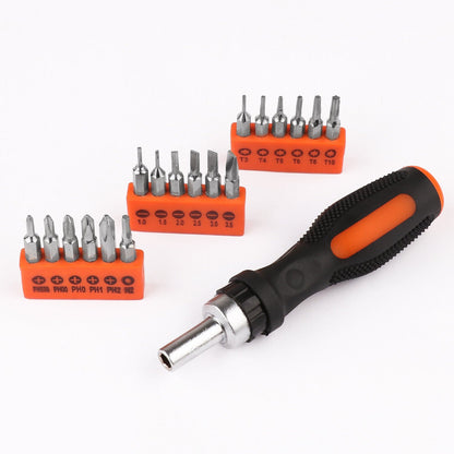 A black and orange handled HORUSDY 19 Pcs Ratchet Precision Screwdriver Bits Set Slotted Phillips Tox Hex is shown with three sets of interchangeable bits. Each set, neatly organized in an orange holder, includes various sizes of Phillips, flathead, and Torx bits for versatile use.