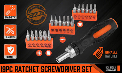 A black and orange handled HORUSDY 19 Pcs Ratchet Precision Screwdriver Bits Set Slotted Phillips Tox Hex is shown with three sets of interchangeable bits. Each set, neatly organized in an orange holder, includes various sizes of Phillips, flathead, and Torx bits for versatile use.