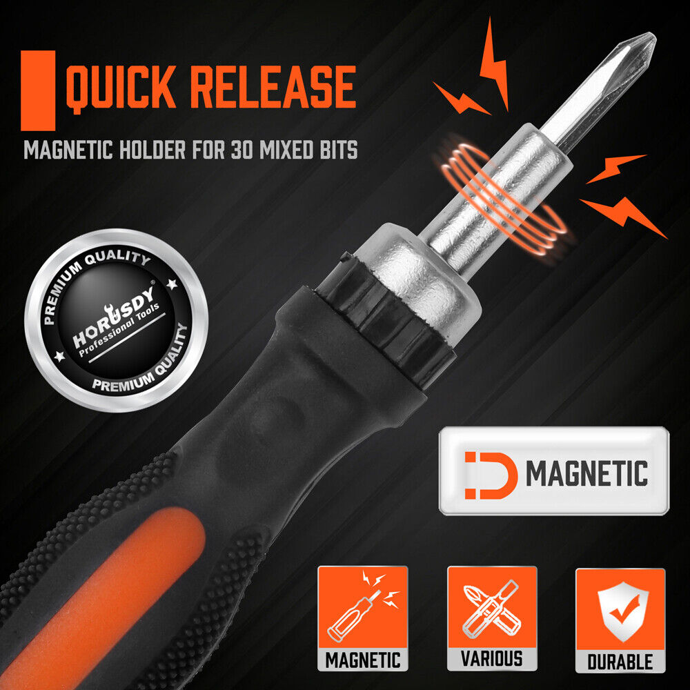 A black and orange handled HORUSDY 19 Pcs Ratchet Precision Screwdriver Bits Set Slotted Phillips Tox Hex is shown with three sets of interchangeable bits. Each set, neatly organized in an orange holder, includes various sizes of Phillips, flathead, and Torx bits for versatile use.