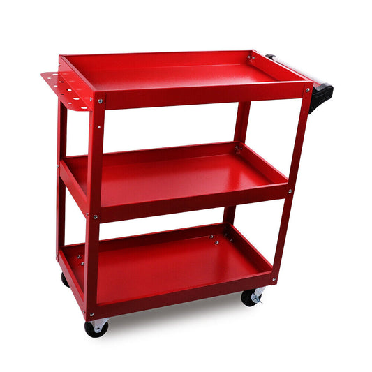 A Red 3-Tier Tool Cart Trolley Toolbox Workshop Garage Storage 150KG Organizer Garage with a handle and caster wheels. The rust-resistant cart has two open shelves and features a side attachment with holes for additional storage or tools. The rugged design is suitable for various organizational or transport tasks.