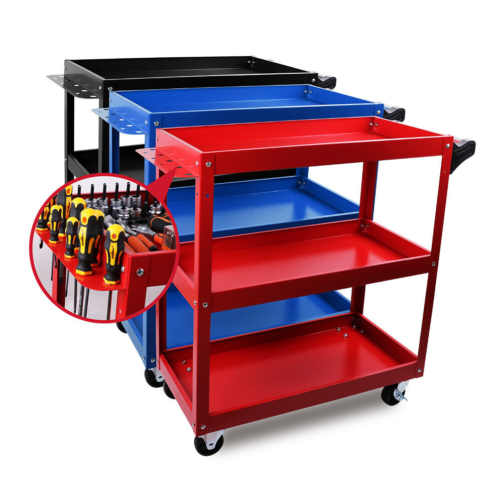 A Red 3-Tier Tool Cart Trolley Toolbox Workshop Garage Storage 150KG Organizer Garage with a handle and caster wheels. The rust-resistant cart has two open shelves and features a side attachment with holes for additional storage or tools. The rugged design is suitable for various organizational or transport tasks.