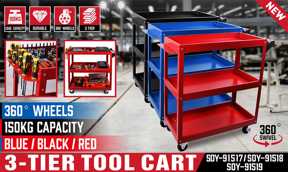 A Red 3-Tier Tool Cart Trolley Toolbox Workshop Garage Storage 150KG Organizer Garage with a handle and caster wheels. The rust-resistant cart has two open shelves and features a side attachment with holes for additional storage or tools. The rugged design is suitable for various organizational or transport tasks.