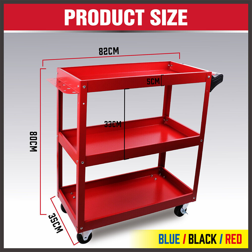 A Red 3-Tier Tool Cart Trolley Toolbox Workshop Garage Storage 150KG Organizer Garage with a handle and caster wheels. The rust-resistant cart has two open shelves and features a side attachment with holes for additional storage or tools. The rugged design is suitable for various organizational or transport tasks.