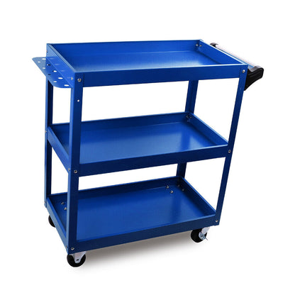 A Blue 3-Tier Tool Cart Trolley Toolbox Workshop Garage Storage 150KG Organizer Garage with a heavy-duty metal frame, four caster wheels, and a handle on one end. The tool cart features perforated side panels on the top tier and is designed for transporting tools or supplies efficiently.