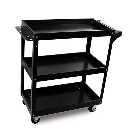 The Black 3-Tier Tool Cart Trolley Toolbox Workshop Garage Storage 150KG Organizer Garage is a heavy-duty, black tool cart with three tiers for storage, featuring shelves and a handle on one side. It has four caster wheels for easy mobility, and the top shelf includes a small metal side compartment for additional storage.