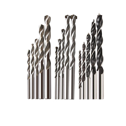 A 15Pc HSS Drill Bits Combination Set Wood Metal & Concrete Drilling Metric Titanium featuring 13 metallic drill bits of varying sizes displayed upright in three groups. The titanium-coated drill bits showcase different tip designs and finishes, including some with a spiral pattern and others with flat heads. The background is plain white.