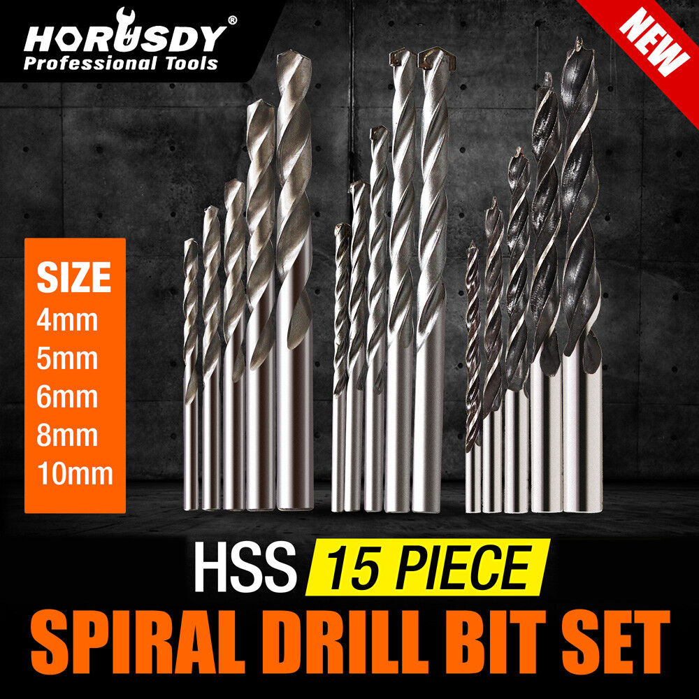 A 15Pc HSS Drill Bits Combination Set Wood Metal & Concrete Drilling Metric Titanium featuring 13 metallic drill bits of varying sizes displayed upright in three groups. The titanium-coated drill bits showcase different tip designs and finishes, including some with a spiral pattern and others with flat heads. The background is plain white.