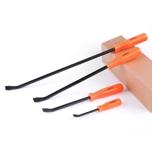 A **Horusdy 4Pc Steel Pry Bar Set Heavy Duty Mechanic Crowbar Car 4" 7" 12" 17-1/2"** with black shafts and bright orange handles, arranged in descending size order from top to bottom. They are placed next to a light brown rectangular block on a white background.