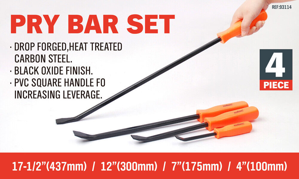 A **Horusdy 4Pc Steel Pry Bar Set Heavy Duty Mechanic Crowbar Car 4" 7" 12" 17-1/2"** with black shafts and bright orange handles, arranged in descending size order from top to bottom. They are placed next to a light brown rectangular block on a white background.