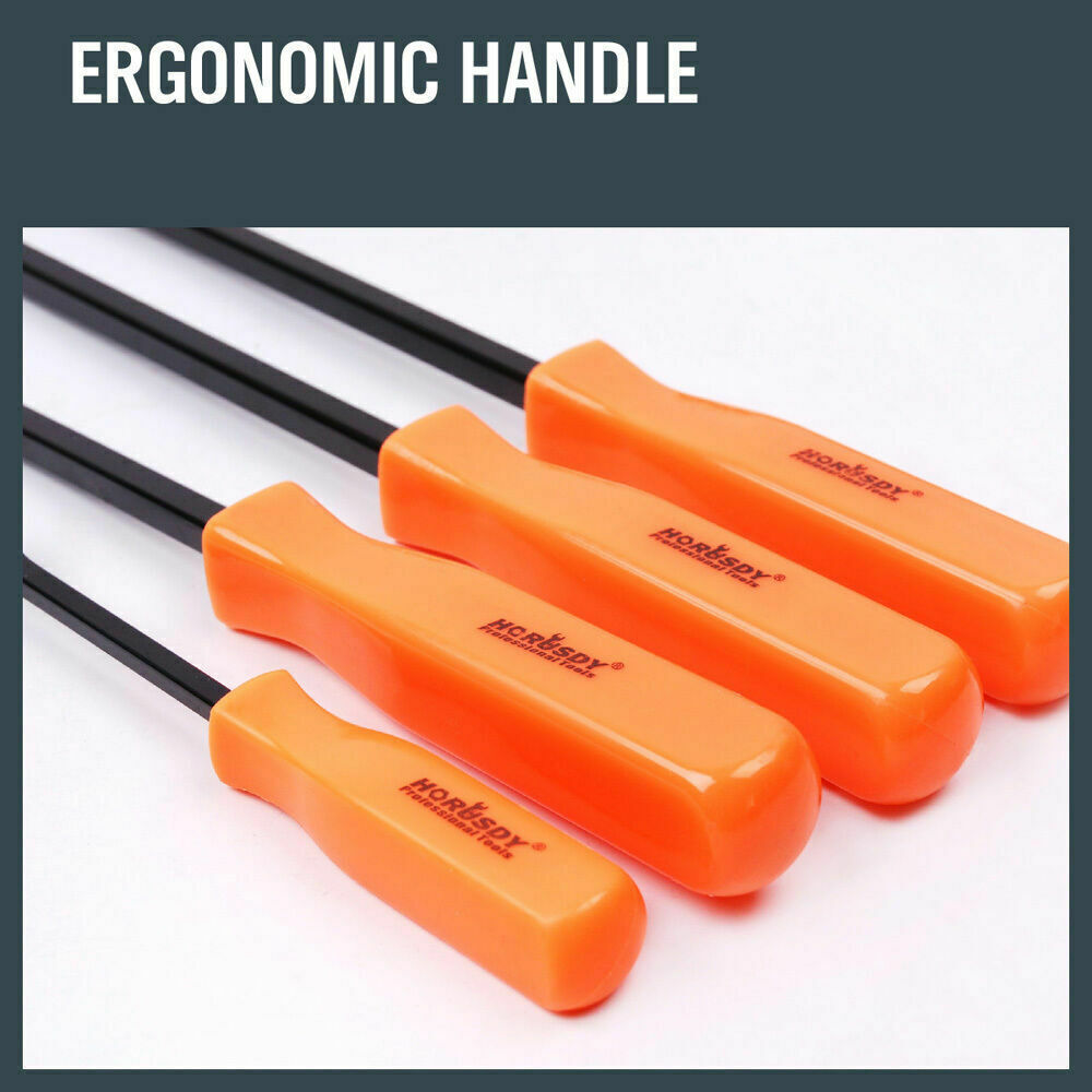 A **Horusdy 4Pc Steel Pry Bar Set Heavy Duty Mechanic Crowbar Car 4" 7" 12" 17-1/2"** with black shafts and bright orange handles, arranged in descending size order from top to bottom. They are placed next to a light brown rectangular block on a white background.