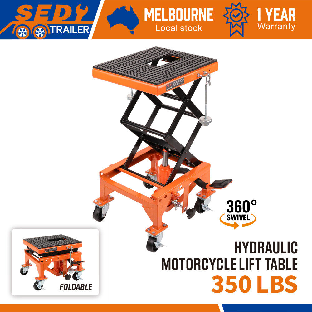 Introducing the 160KG Light Motorbike Lift Dirt Bike Hydraulic Scissor Jack Hoist with Castors: a robust orange hydraulic motorcycle lift table with a 360° swivel feature, capable of lifting up to 350 lbs. It includes a no-slip rubber pad and is foldable for easy storage. Product details highlight local stock availability in Melbourne and a 1-year warranty.