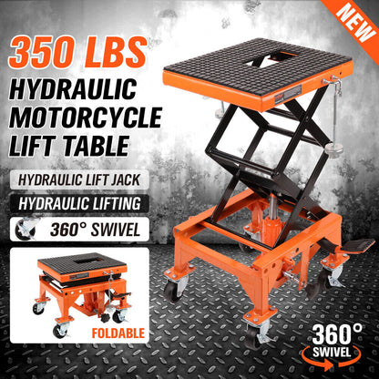 Introducing the 160KG Light Motorbike Lift Dirt Bike Hydraulic Scissor Jack Hoist with Castors: a robust orange hydraulic motorcycle lift table with a 360° swivel feature, capable of lifting up to 350 lbs. It includes a no-slip rubber pad and is foldable for easy storage. Product details highlight local stock availability in Melbourne and a 1-year warranty.