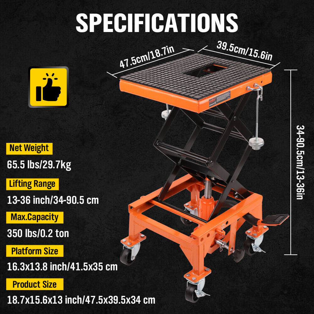 Introducing the 160KG Light Motorbike Lift Dirt Bike Hydraulic Scissor Jack Hoist with Castors: a robust orange hydraulic motorcycle lift table with a 360° swivel feature, capable of lifting up to 350 lbs. It includes a no-slip rubber pad and is foldable for easy storage. Product details highlight local stock availability in Melbourne and a 1-year warranty.