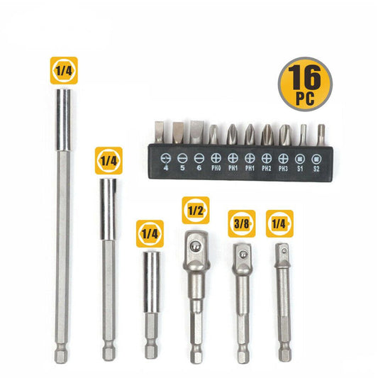 A 16Pc Socket Bit Adaptor Set Power Drill Nut Driver Extension Screwdriver Bits, featuring a variety of sizes and types. The set includes four extension bars (three labeled 1/4, one labeled 1/2 and 3/8), along with twelve metal bits organized in a holder labeled with different sizes and types. Also features an adaptor for hex socket nut drive compatibility.