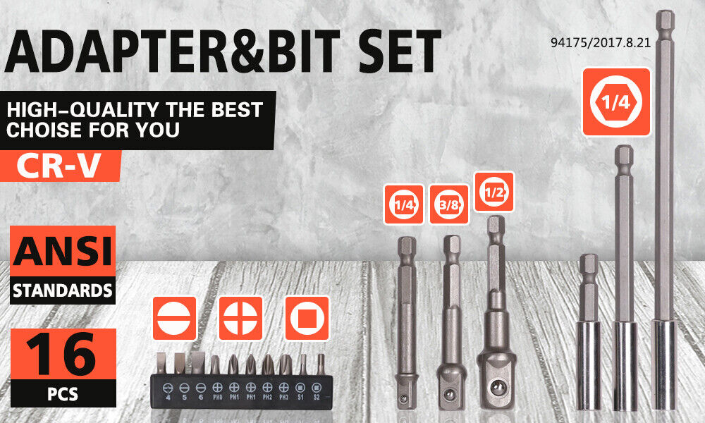 A 16Pc Socket Bit Adaptor Set Power Drill Nut Driver Extension Screwdriver Bits, featuring a variety of sizes and types. The set includes four extension bars (three labeled 1/4, one labeled 1/2 and 3/8), along with twelve metal bits organized in a holder labeled with different sizes and types. Also features an adaptor for hex socket nut drive compatibility.