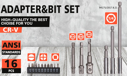 A 16Pc Socket Bit Adaptor Set Power Drill Nut Driver Extension Screwdriver Bits, featuring a variety of sizes and types. The set includes four extension bars (three labeled 1/4, one labeled 1/2 and 3/8), along with twelve metal bits organized in a holder labeled with different sizes and types. Also features an adaptor for hex socket nut drive compatibility.