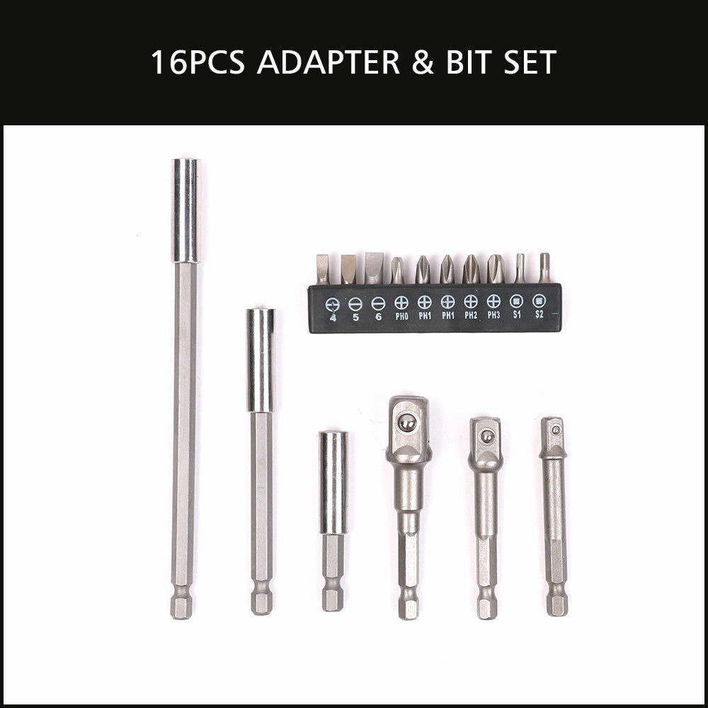 A 16Pc Socket Bit Adaptor Set Power Drill Nut Driver Extension Screwdriver Bits, featuring a variety of sizes and types. The set includes four extension bars (three labeled 1/4, one labeled 1/2 and 3/8), along with twelve metal bits organized in a holder labeled with different sizes and types. Also features an adaptor for hex socket nut drive compatibility.