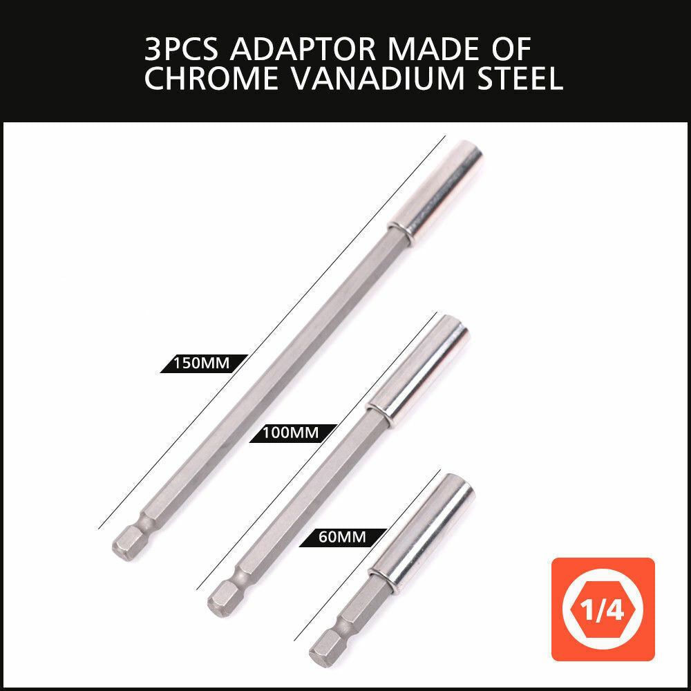 A 16Pc Socket Bit Adaptor Set Power Drill Nut Driver Extension Screwdriver Bits, featuring a variety of sizes and types. The set includes four extension bars (three labeled 1/4, one labeled 1/2 and 3/8), along with twelve metal bits organized in a holder labeled with different sizes and types. Also features an adaptor for hex socket nut drive compatibility.