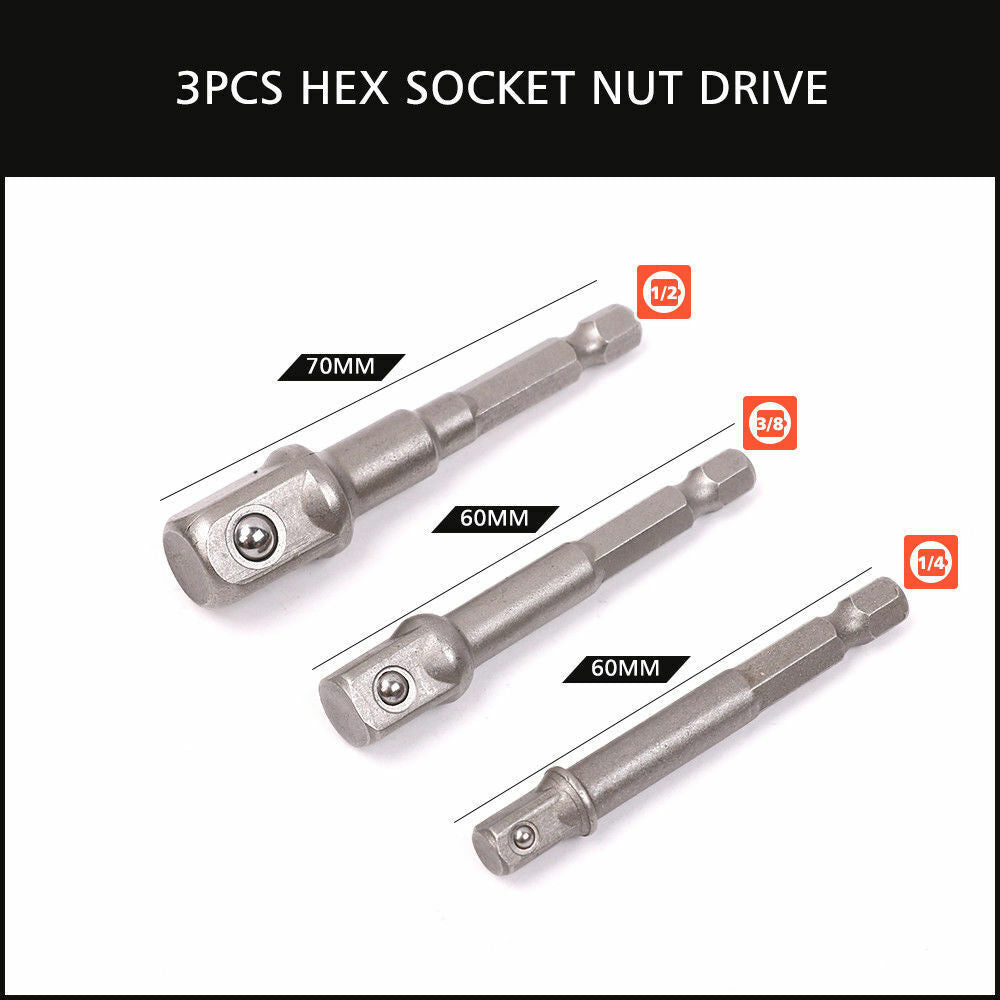 A 16Pc Socket Bit Adaptor Set Power Drill Nut Driver Extension Screwdriver Bits, featuring a variety of sizes and types. The set includes four extension bars (three labeled 1/4, one labeled 1/2 and 3/8), along with twelve metal bits organized in a holder labeled with different sizes and types. Also features an adaptor for hex socket nut drive compatibility.