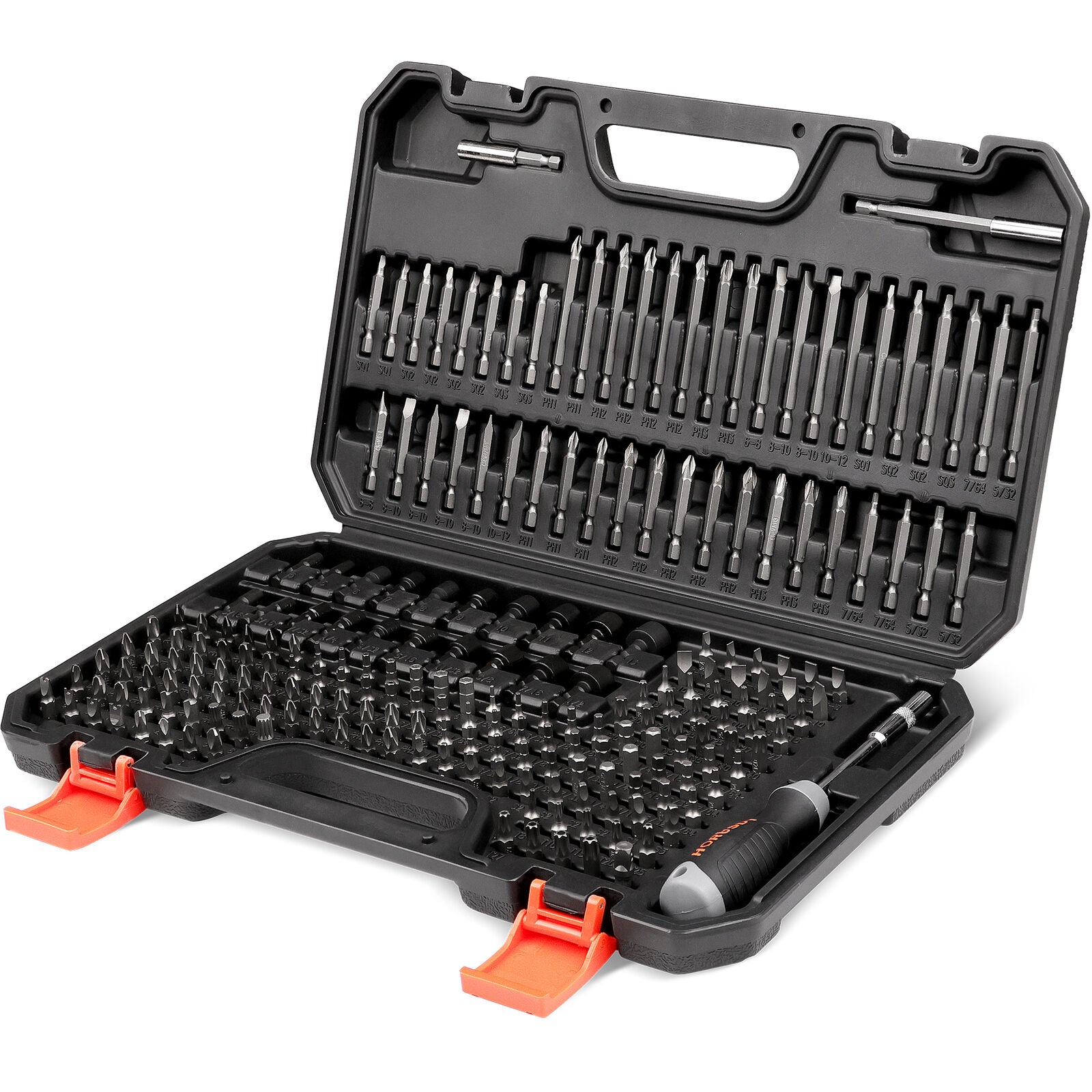 A black plastic case containing a 219-Piece Combination Security Bit Set Screw Driver Bit Tamper Proof Torx Box, organized neatly in slots. The case has a handle for easy carrying and two orange latches to secure it closed. A screwdriver handle is also visible within the essential household tools collection.