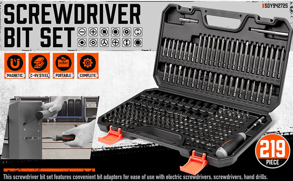 A black plastic case containing a 219-Piece Combination Security Bit Set Screw Driver Bit Tamper Proof Torx Box, organized neatly in slots. The case has a handle for easy carrying and two orange latches to secure it closed. A screwdriver handle is also visible within the essential household tools collection.